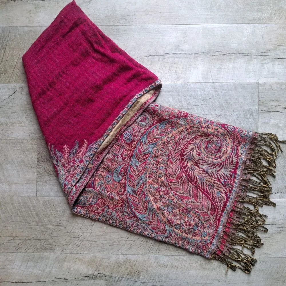 Pashmina Shawl Scarf Berry Pink Fuschia Fringe Floral Tapestry 68 × 26